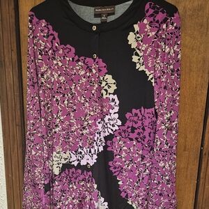 Dana Buchman Blouse Women's Size S Purple Black Tan Floral Henley Long Sleeve